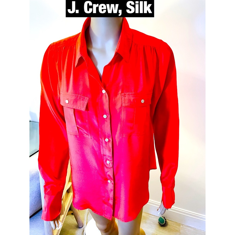 J. Crew, Orange Silk Button Down Blouse Sz 8